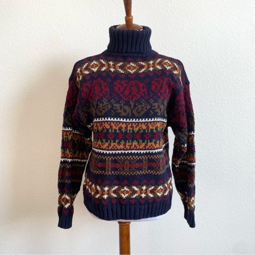 Vintage Paris Sport Club Turtleneck Sweater Womens Medium Fair Isle Heavy Knit
